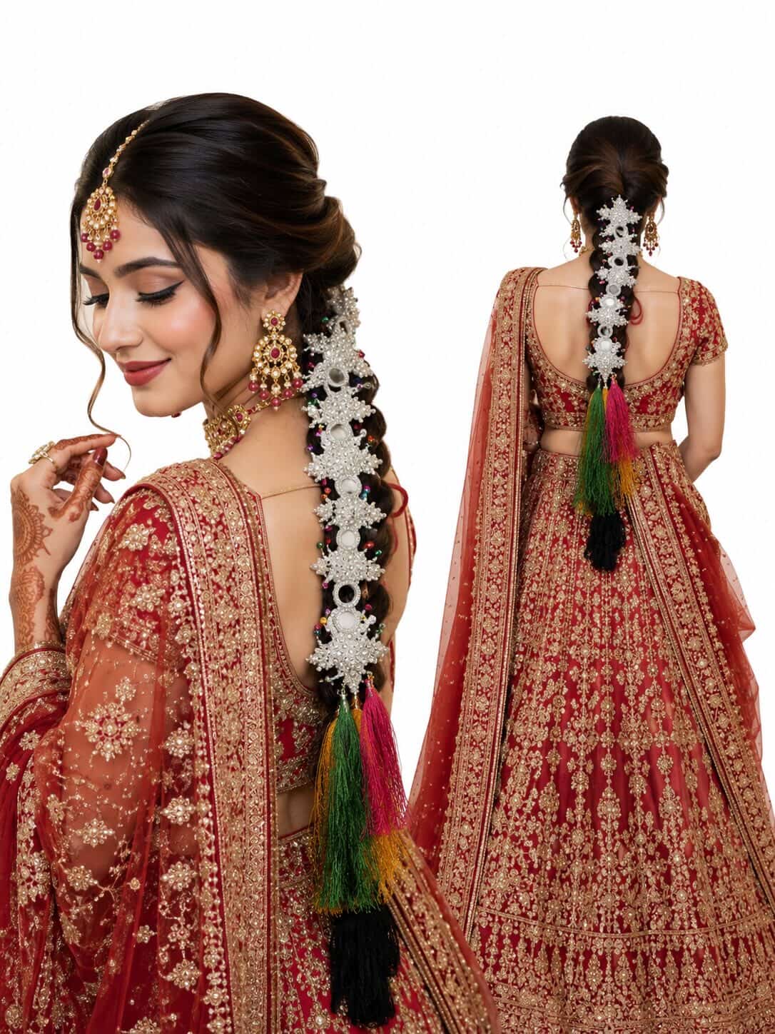 Woman in traditional red and gold embroidered outfit with jewelry and a long braid.