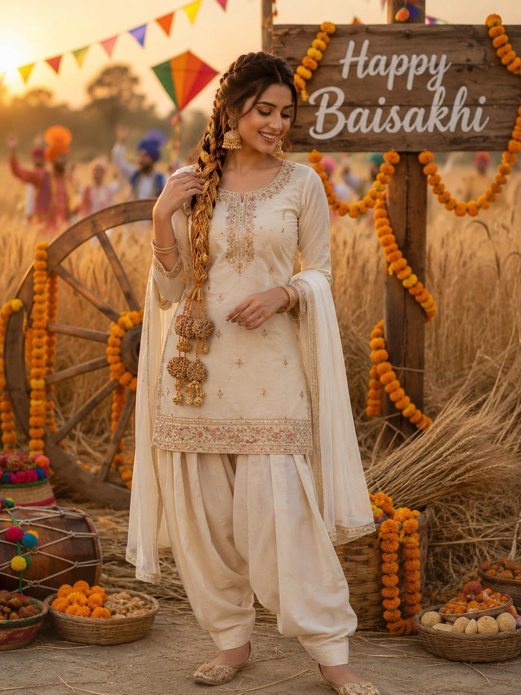 Woman in traditional attire standing in a decorated outdoor setting for Baisakhi celebration.