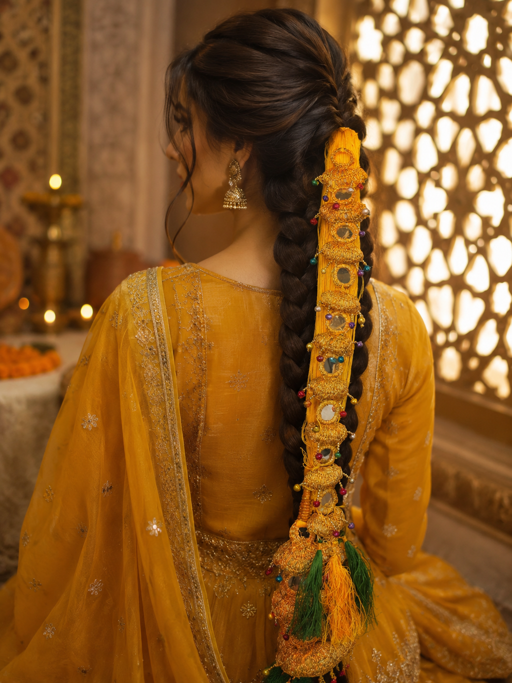 Woman in a yellow traditional outfit with intricate hair accessories in an ornate setting.